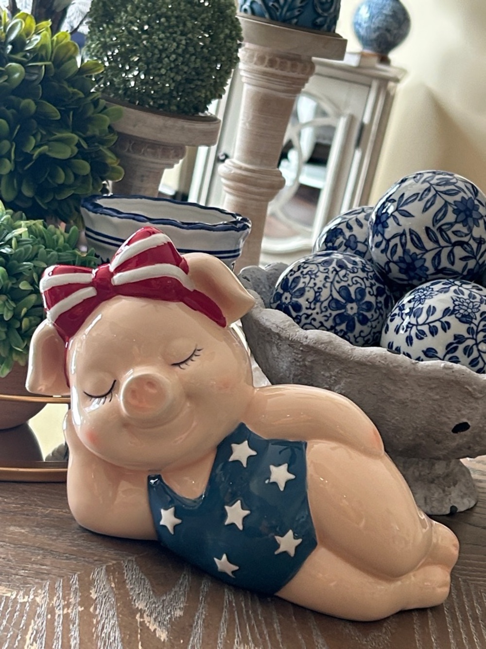 NEW! Americana Patriotic Summer Swimsuit Ceramic Pig Statue